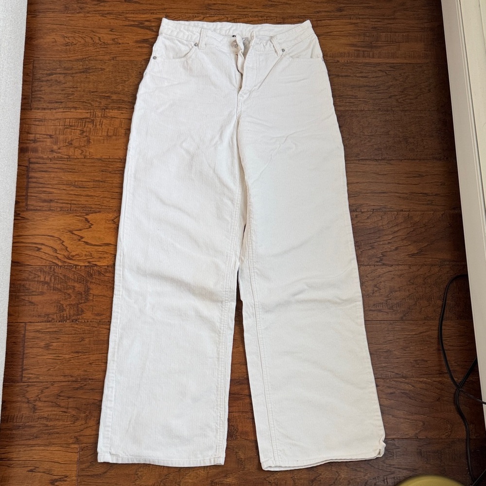 H&M Off-White Corduroy High-Waist Wide Leg Pants